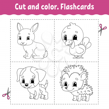 Cut and color. Flashcard Set. Coloring book for kids. Cartoon character.