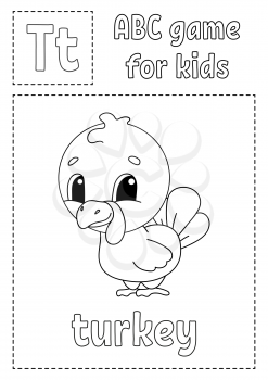 ABC game for kids. Alphabet coloring page. Cartoon character. Word and letter. Vector illustration.