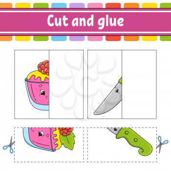 Cut and play. Paper game with glue. Flash cards. Education worksheet. Activity page. Funny character. Isolated vector illustration. Cartoon style.