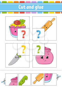 Cut and glue. Set flash cards. Color puzzle. Education developing worksheet. Activity page. Game for children. Funny character. Isolated vector illustration. Cartoon style.