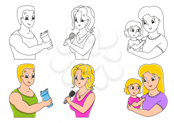 Set coloring page for kids. Happy people. Cute cartoon characters. Black stroke. With sample. Vector illustration.