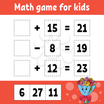 Math game for kids. Education developing worksheet. Activity page with pictures. Game for children. Valentine's Day. Color isolated vector illustration. Funny character. Cartoon style.