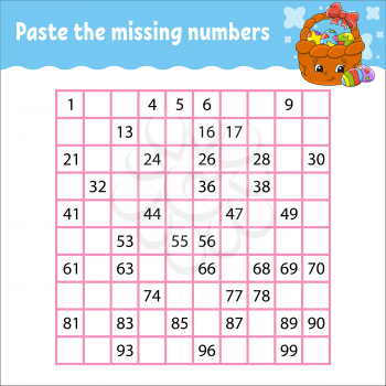 Paste the missing numbers from 1 to 100. Handwriting practice. Learning numbers for kids. Education developing worksheet. Game for children. Isolated vector illustration in cute cartoon style.