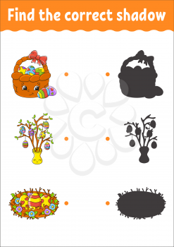 Find the correct shadow. Education developing worksheet. Matching game for kids. Color activity page. Puzzle for children. Cute character. Vector illustration. Cartoon style.
