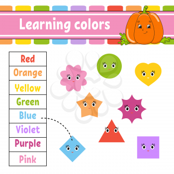 Learning colors. Education developing worksheet. Activity page with pictures. Game for children. Isolated vector illustration. Funny character. Cartoon style.
