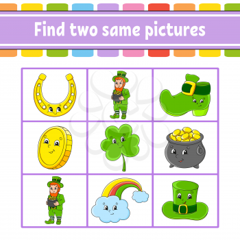 Find two same pictures. Task for kids. St. Patrick's day. Education developing worksheet. Activity page. Color game for children. Funny character. Isolated vector illustration. Cartoon style.