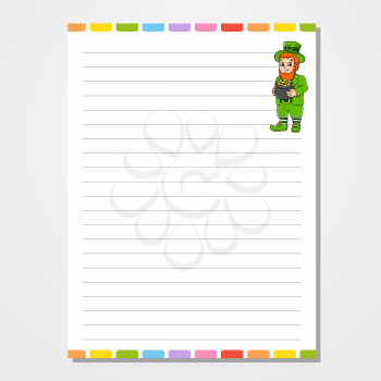 Sheet template for notebook, notepad, diary. Lined paper. Cute character. With a color image. Isolated vector illustration. Cartoon style.