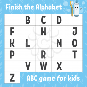 Finish the alphabet. ABC game for kids. Education developing worksheet. Learning game for kids. Color activity page.