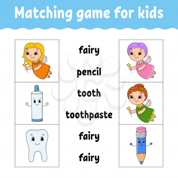 Matching game for kids. Find the correct answer. Draw a line. Learning words. Activity worksheet. Cartoon character.