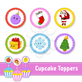 Cupcake Toppers. Set of six round pictures. Christmas theme. Cartoon characters. Cute image. For birhday, party, baby shower.