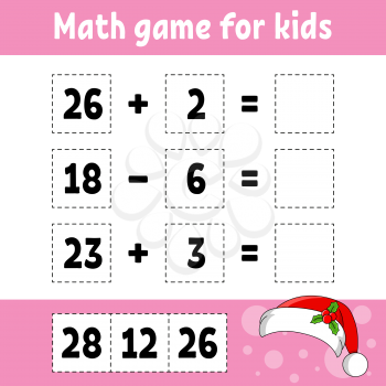 Math game for kids. Christmas theme. Education developing worksheet. Activity page with pictures. Game for children. Color isolated vector illustration. Funny character. Cartoon style.