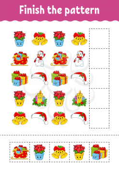 Finish the pattern. Cut and play. Christmas theme. Education developing worksheet. Activity page. Cartoon character.