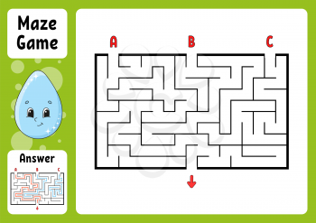 Rectangle maze. Game for kids. Three entrances, one exit. Puzzle for children. Labyrinth conundrum. Color vector illustration. Find the right path. With answer. Cartoon character. Education worksheet.