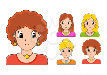 Set of bright color stickers for kids. Cute cartoon characters. Vector illustration isolated on white background.