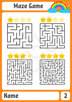 Square maze. Game for kids. Puzzle for children. Labyrinth conundrum. Color vector illustration. Find the right path. The development of logical and spatial thinking.