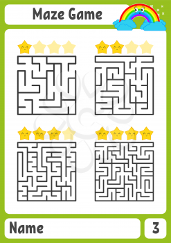 Square maze. Game for kids. Puzzle for children. Labyrinth conundrum. Color vector illustration. Find the right path. The development of logical and spatial thinking.
