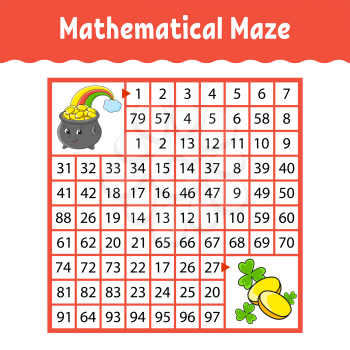 Mathematical square maze. Game for kids. Number labyrinth. Education worksheet. Activity page. Puzzle for children. Cartoon characters. Color vector illustration. St. Patrick's day.