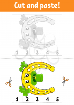 Learning numbers 1-5. Cut and glue. Cartoon character. Education developing worksheet. Game for kids. Activity page. Color isolated vector illustration. St. Patrick's day.
