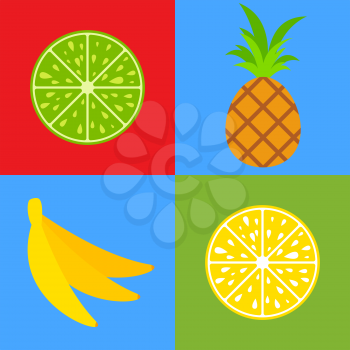 Set of colored isolated mouth-watering fruits. Bright tropical food. Lemon, lime, pineapple, kiwi, banana. Simple flat vector illustration