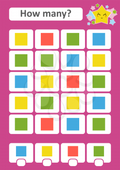 Counting game for preschool children. The study of mathematics. How many objects in the picture. Colorful squares. With a place for answers. Simple flat isolated vector illustration
