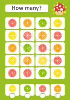 Counting game for preschool children. The study of mathematics. How many citrus in the picture. Lime, lemon, orange, grapefruit. With a place for answers. Simple flat isolated vector illustration