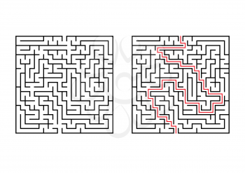 Abstract square maze. Simple flat vector illustration isolated on white background. With the answer
