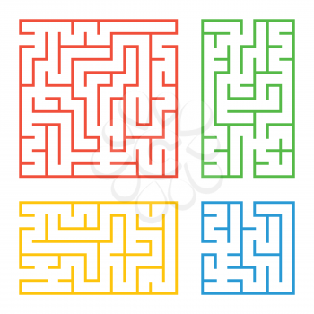 A set of colored square and rectangular labyrinths with entrance and exit. Simple flat vector illustration isolated on white background