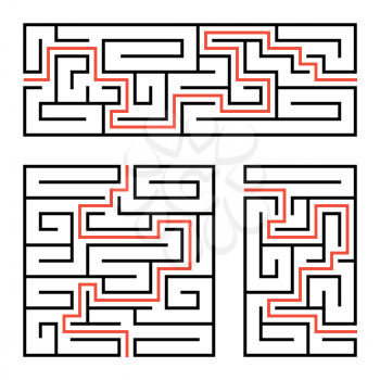 A set of square and rectangular labyrinths with entrance and exit. Simple flat vector illustration isolated on white background. With the answer