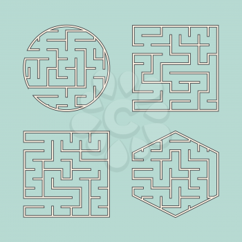 A set of labyrinths for children. A square, a circle, a hexagon. A simple flat vector illustration isolated on a green background