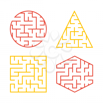 A set of colored labyrinths for children. A square, a circle, a hexagon, a triangle. Simple flat vector illustration isolated on white background