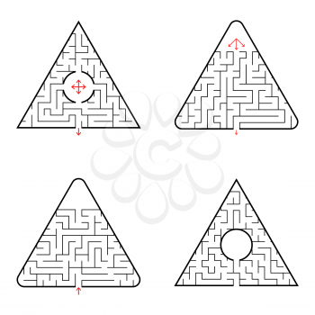 Triangular labyrinth. A set of four options. Simple flat vector illustration isolated on white background