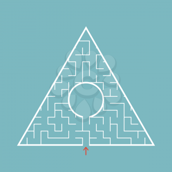 Triangular labyrinth with an input and an exit. Simple flat vector illustration isolated on a colored background.