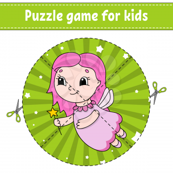 Cut and play. Round puzzle. Young fairy. Logic puzzle for kids. Activity page. Cutting practice for preschool. Cartoon character.