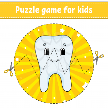 Cut and play. Round puzzle. Healthy tooth. Logic puzzle for kids. Activity page. Cutting practice for preschool. Cartoon character.
