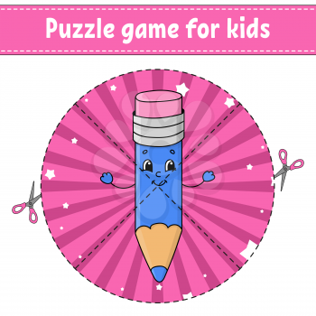 Cut and play. Round puzzle. Pencil with eraser. Logic puzzle for kids. Activity page. Cutting practice for preschool. Cartoon character.