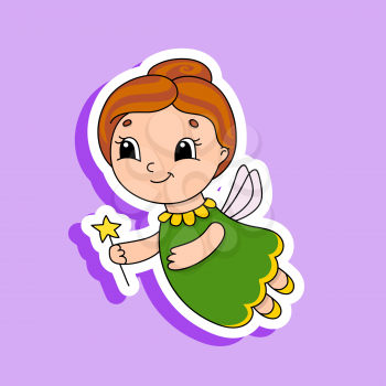 Elderly tooth fairy in a dress with wings and a magic wand. Bright color sticker. Cartoon character. Vector illustration. Design element. With white contour.