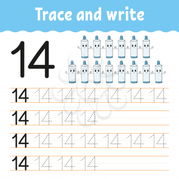 Trace and write. Number 14. Handwriting practice. Learning numbers for kids. Activity worksheet. Cartoon character.