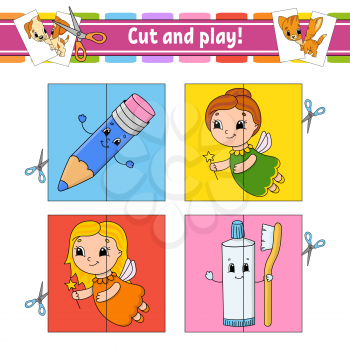 Cut and play. Flash cards. Color puzzle. Toothpaste, fairy, pencil. Education developing worksheet. Activity page. Game for children. Funny character. Isolated vector illustration. Cartoon style.