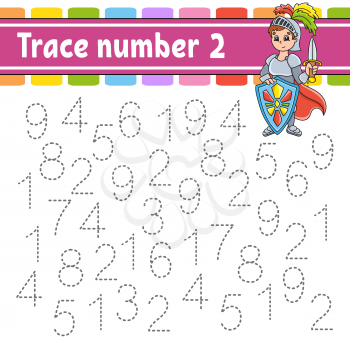 Trace number 2. Handwriting practice. Learning numbers for kids. Education developing worksheet. Activity page. Game for toddlers and preschoolers. Isolated vector illustration in cute cartoon style.