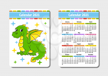 Calendar for 2021 with a cute character. Fairytale dragon. Pocket size. Fun and bright design. Color isolated vector illustration. Cartoon style.