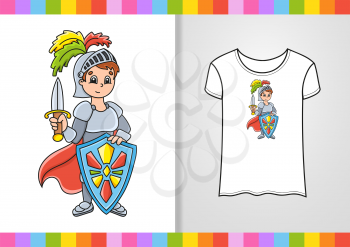 T-shirt design. Brave knight. Cute character on shirt. Hand drawn. Colorful vector illustration. Cartoon style. Isolated on white background.