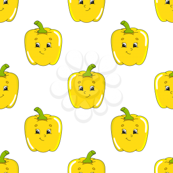 Colored cartoon seamless pattern. Vegetable pepper. Cartoon style. Hand drawn. Vector illustration isolated on white background.