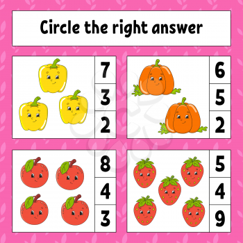 Circle the right answer. Education developing worksheet. Activity page with pictures. Fruits and vegetables. Game for children. Color isolated vector illustration. Funny character. Cartoon style.