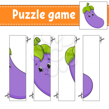 Puzzle game for kids. Vegetable eggplant. Cutting practice. Education developing worksheet. Activity page.Cartoon character.
