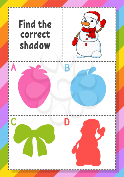 Find the correct shadow. Education developing worksheet. Matching game for kids. Color activity page. Puzzle for children. Cute character. Vector illustration. Cartoon style.