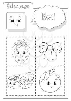Coloring book. Learning colors. Color pictures. Flashcard for kids. Cartoon characters. Picture set for preschoolers. Education worksheet. Vector illustration.