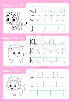 Writing letters. Tracing page. Worksheet for kids. Practice sheet. Learn alphabet. Cute characters. Vector illustration. Cartoon style.