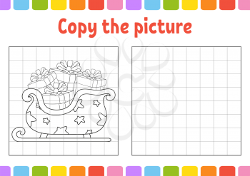 Copy the picture. Winter theme. Coloring book pages for kids. Education developing worksheet. Game for children. Handwriting practice. Funny character. Cute cartoon vector illustration.