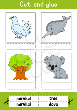 Cut and glue. Game for kids. Learn English words. Education developing worksheet. Color activity page. Cartoon character.