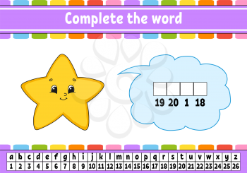 Complete the words. Cipher code. Learning vocabulary and numbers. Education worksheet. Activity page for study English. Isolated vector illustration. Cartoon character.